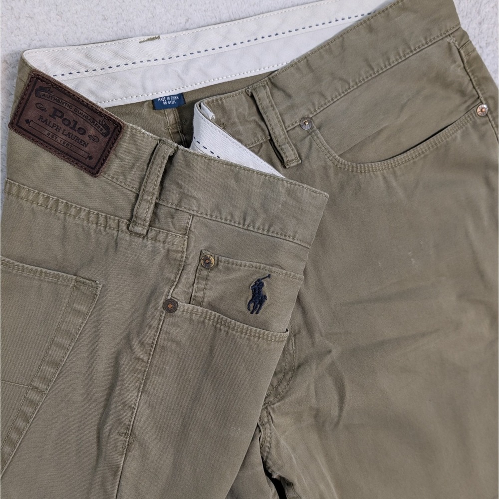 POLO Ralph Lauren Mens 5 Pocket Pants Green Size 36x32 Straight Fit Leather Badg
